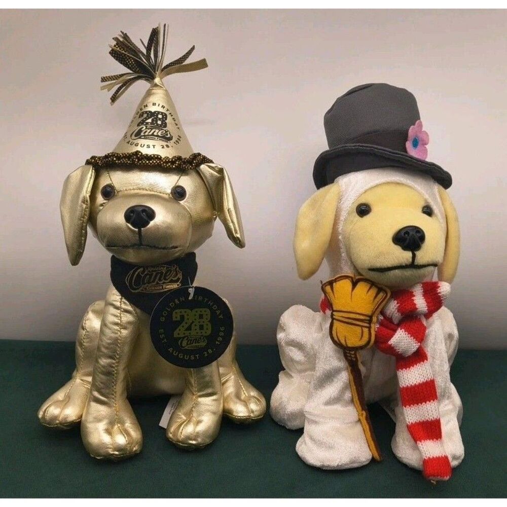 Raising Cane’s Dog Puppy 2018 & 2025 Plush Golden Birthday & Frosty Snowman Cane